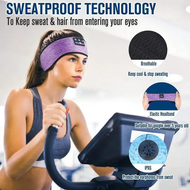 Alt view image 4 of 7 - MUSICOZY Bluetooth Headband Sports Sleep Headphones, Wireless Music Sleeping Headphones Sleep Eye Mask Earbuds IPX6 Waterproof for Side Sleepers Workout Running Insomnia Travel Yoga Office, Purple