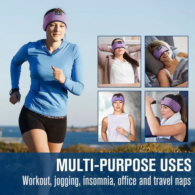 Alt view image 5 of 7 - MUSICOZY Bluetooth Headband Sports Sleep Headphones, Wireless Music Sleeping Headphones Sleep Eye Mask Earbuds IPX6 Waterproof for Side Sleepers Workout Running Insomnia Travel Yoga Office, Purple