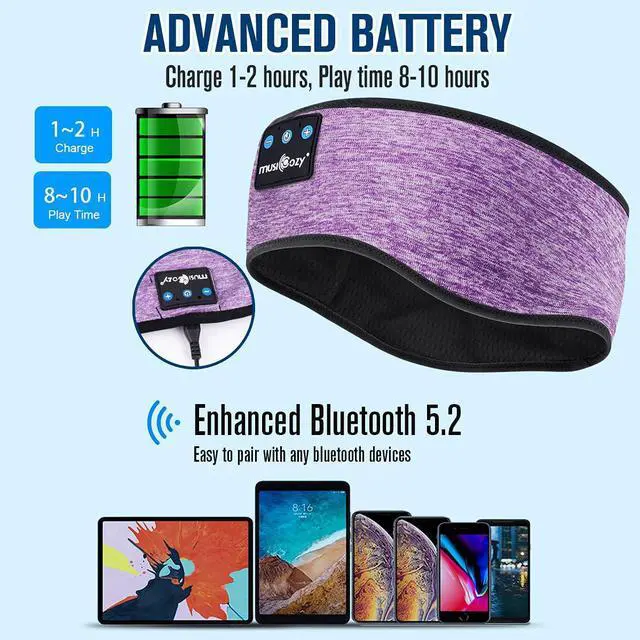 Alt view image 6 of 7 - MUSICOZY Bluetooth Headband Sports Sleep Headphones, Wireless Music Sleeping Headphones Sleep Eye Mask Earbuds IPX6 Waterproof for Side Sleepers Workout Running Insomnia Travel Yoga Office, Purple