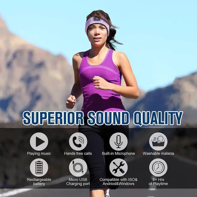 Alt view image 7 of 7 - MUSICOZY Bluetooth Headband Sports Sleep Headphones, Wireless Music Sleeping Headphones Sleep Eye Mask Earbuds IPX6 Waterproof for Side Sleepers Workout Running Insomnia Travel Yoga Office, Purple