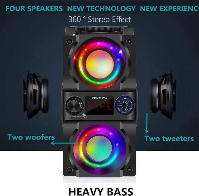 Alt view image 2 of 7 - Bluetooth Speaker, 40W (60W Peak) Portable Wireless Speaker with Colorful Lights, Double Subwoofer Heavy Bass, FM Radio, MP3 Player, Bluetooth 5.0, Loud Stereo speakers for Home Outdoor Party Camping