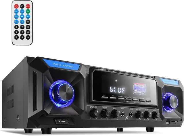 Main image of Moukey Audio Power Amplifier 330W 2 Channel, Bluetooth 5.0 Home Theater Stereo Receiver USB, SD, FM, 2 Mic in Echo, RCA, LED, Speaker Selector - for Studio/Home Speaker/Party Karaoke, MAMP7
