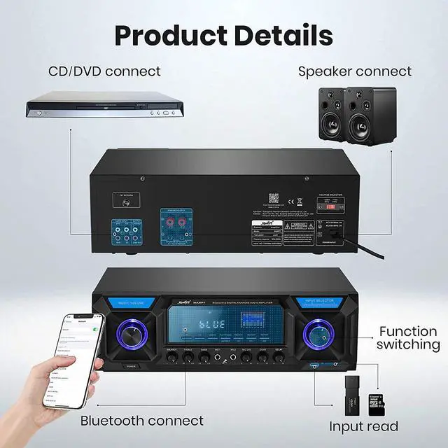 Alt view image 3 of 5 - Moukey Audio Power Amplifier 330W 2 Channel, Bluetooth 5.0 Home Theater Stereo Receiver USB, SD, FM, 2 Mic in Echo, RCA, LED, Speaker Selector - for Studio/Home Speaker/Party Karaoke, MAMP7