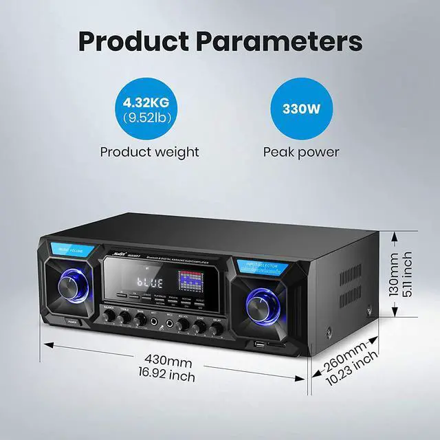 Alt view image 4 of 5 - Moukey Audio Power Amplifier 330W 2 Channel, Bluetooth 5.0 Home Theater Stereo Receiver USB, SD, FM, 2 Mic in Echo, RCA, LED, Speaker Selector - for Studio/Home Speaker/Party Karaoke, MAMP7