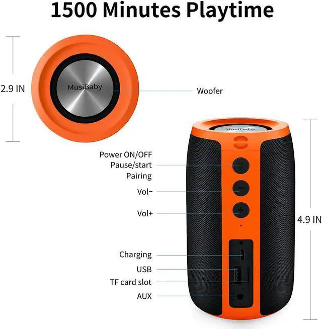 Alt view image 7 of 7 - Bluetooth Speaker,MusiBaby Speakers Bluetooth Wireless,Waterproof,Outdoor,Portable Speaker with Stereo Sound,Booming Bass,Dual Pairing,Bluetooth 5.3,24H Play,Speaker for Home,Party,Travel,Gifts-Orange