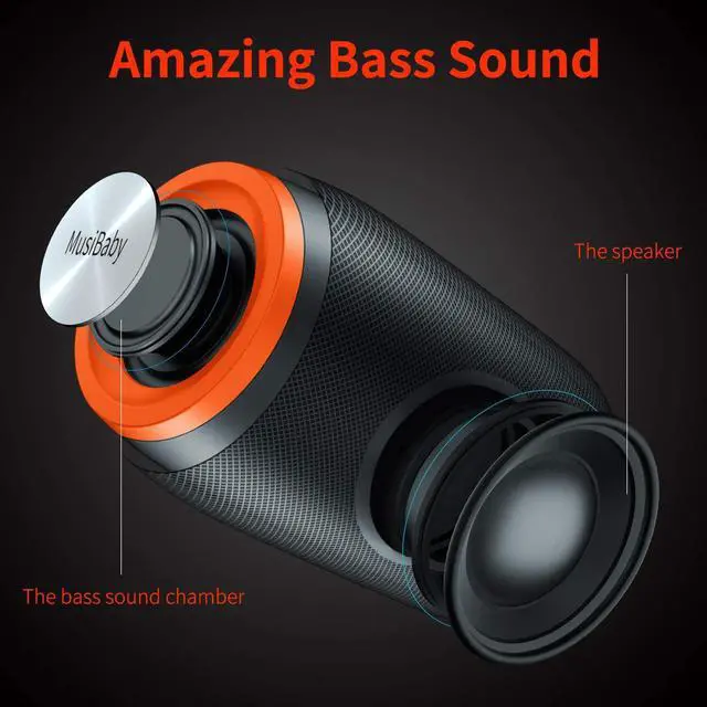 Alt view image 3 of 7 - Bluetooth Speaker,MusiBaby Speakers Bluetooth Wireless,Waterproof,Outdoor,Portable Speaker with Stereo Sound,Booming Bass,Dual Pairing,Bluetooth 5.3,24H Play,Speaker for Home,Party,Travel,Gifts-Orange
