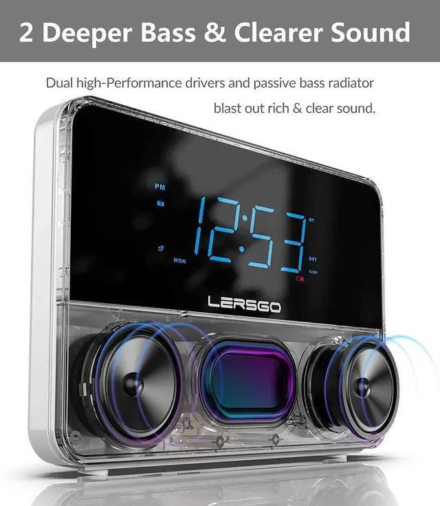 Alt view image 3 of 7 - Alarm Clock Radio Bluetooth V5.2 Speaker with HD Sound and Bass,Blue Display with auto Dimmer,Snooze,Sleep Timer,Adjustable Volume,5V1A USB Charging Port