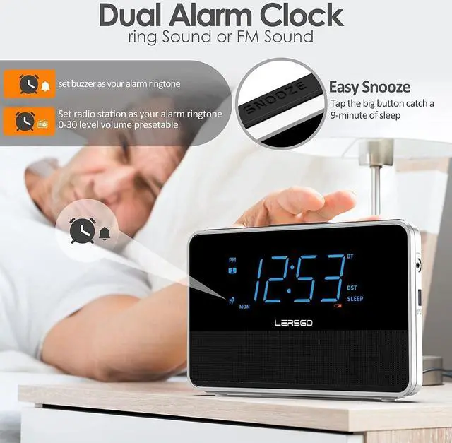 Alt view image 5 of 7 - Alarm Clock Radio Bluetooth V5.2 Speaker with HD Sound and Bass,Blue Display with auto Dimmer,Snooze,Sleep Timer,Adjustable Volume,5V1A USB Charging Port
