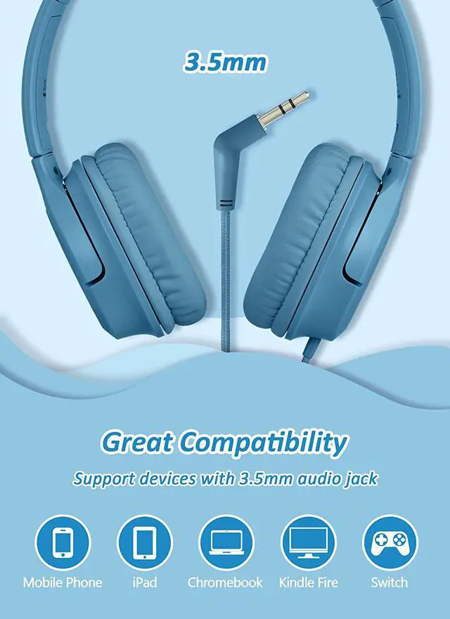 Alt view image 6 of 7 - DyBaxa Kids Headphones Wired, Foldable On Ear Headset, Volume Limiter 94dB, Over-Ear Headphones for Kids School Online Classes Travel Children, 3.5mm Jack Compatible Smartphones Tablet, Dark Blue