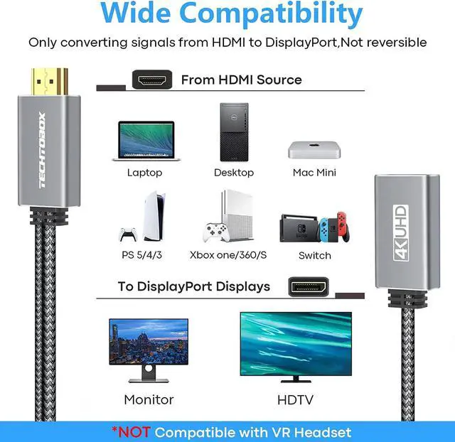 Alt view image 5 of 6 - HDMI to DisplayPort Adapter 4K@60Hz [Braided High Speed] HDMI Male to DP Female Converter Cable Compatible for PC Graphics Card Laptop Mac Mini NS PS5/4 Xbox One/360