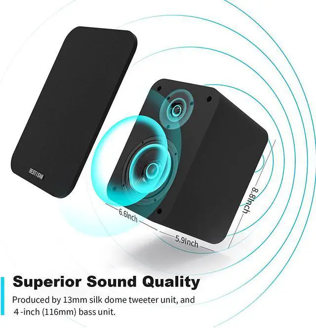 Alt view image 2 of 7 - BESTISAN SR04 Bookshelf Speakers, 50W RMS, Bluetooth 5.0, RCA, Coaxial, Optical, USB Inputs, Black