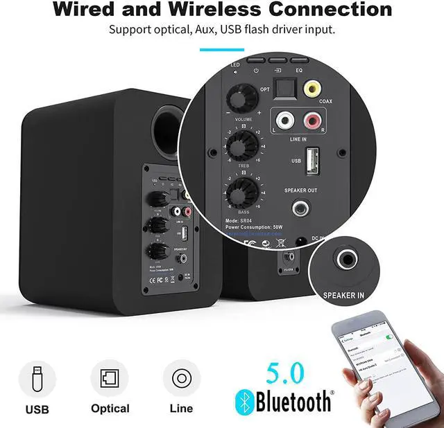Alt view image 3 of 7 - BESTISAN SR04 Bookshelf Speakers, 50W RMS, Bluetooth 5.0, RCA, Coaxial, Optical, USB Inputs, Black