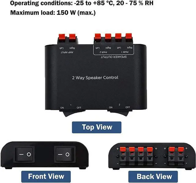 Alt view image 3 of 5 - A ADWITS 2-Channel Speaker Switcher Selector Box with Terminal Claps 150W RMS per Channel, Black