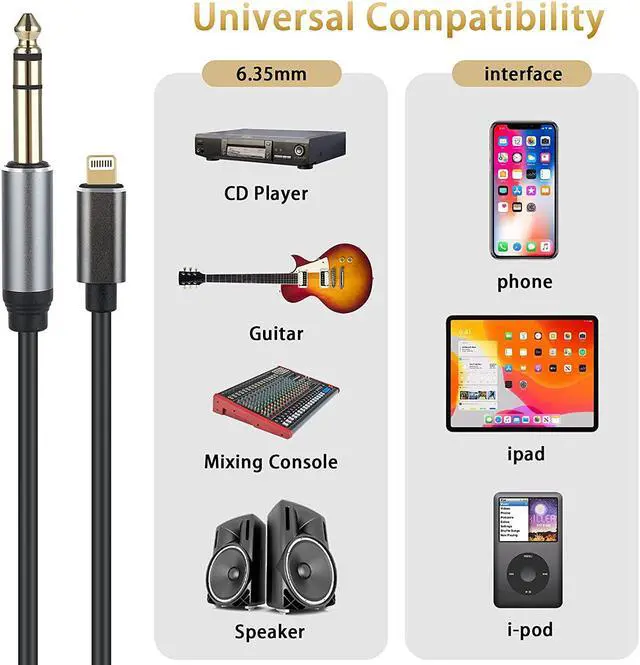 Alt view image 2 of 7 - Lightning to 1/4 inch 6.35mm TRS Audio Stereo Cable for iPhone12/12 Pro/X/XS/XR/8/7/iPad/iPod, Amplifier, Speaker, Headphone, Mixer 10 FT