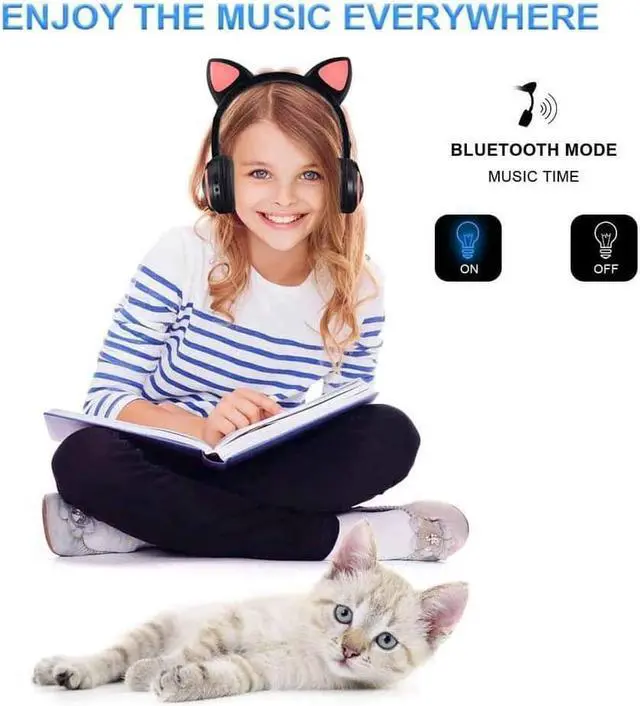 Alt view image 2 of 7 - Wireless Bluetooth Cat Ear Headphones with Mic 7 Colors LED Light Flashing Glowing On-Ear Stereo Headset Compatible with Smartphones PC Tablet
