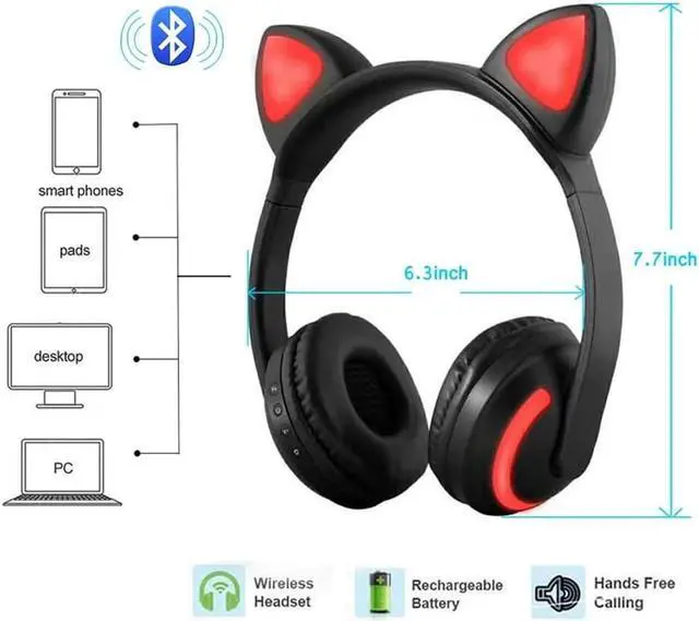 Alt view image 4 of 7 - Wireless Bluetooth Cat Ear Headphones with Mic 7 Colors LED Light Flashing Glowing On-Ear Stereo Headset Compatible with Smartphones PC Tablet