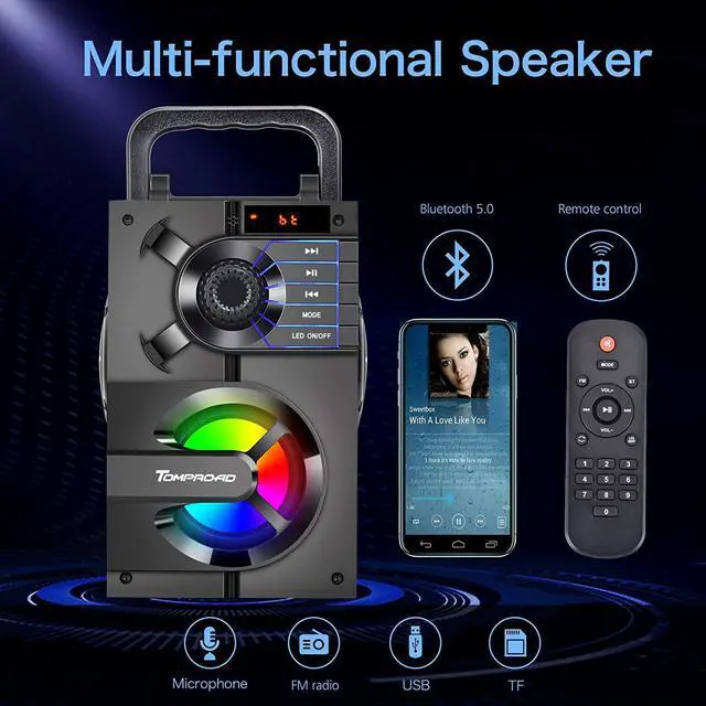 Alt view image 2 of 7 - Bluetooth Speaker, Portable Bluetooth Speakers with Subwoofer Wireless Stereo Sound Rich Bass Outdoor Party Speakers Support Remote Control FM Radio LED Lights