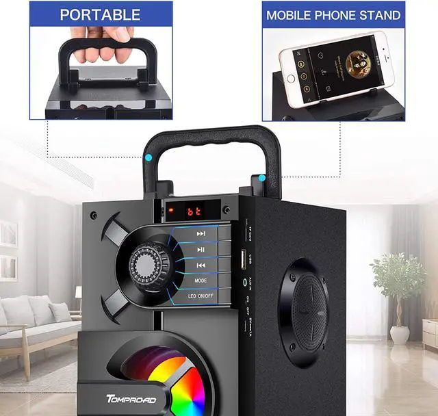 Alt view image 4 of 7 - Bluetooth Speaker, Portable Bluetooth Speakers with Subwoofer Wireless Stereo Sound Rich Bass Outdoor Party Speakers Support Remote Control FM Radio LED Lights