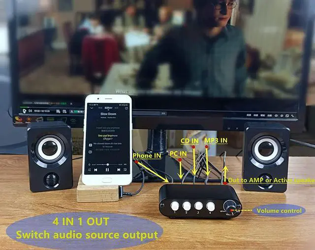 Alt view image 5 of 7 - 4-Way 3.5mm Stereo Audio Switch Input Signal Source Switcher Selector Splitter Box with line Volume Controller (4 in 1 Out / 1 in 4 Out) -MC41