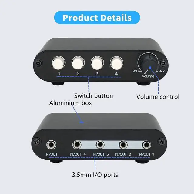 Alt view image 6 of 7 - 4-Way 3.5mm Stereo Audio Switch Input Signal Source Switcher Selector Splitter Box with line Volume Controller (4 in 1 Out / 1 in 4 Out) -MC41