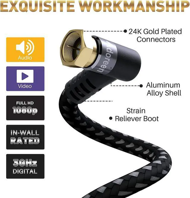 Alt view image 4 of 7 - Adoreen Coaxial Cable 15 ft-2 Pack-Right Angle Quad Shielded 90 Degree RG6 Coax Cable Cord, Male F Gold-Plated Nylon-Braided, in-Wall, Digital TV Aerial AV with Angled Male to Female Adapter+15 Ties