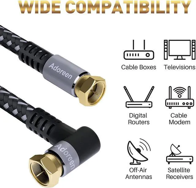 Alt view image 5 of 7 - Adoreen Coaxial Cable 15 ft-2 Pack-Right Angle Quad Shielded 90 Degree RG6 Coax Cable Cord, Male F Gold-Plated Nylon-Braided, in-Wall, Digital TV Aerial AV with Angled Male to Female Adapter+15 Ties