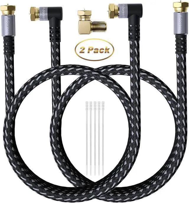 Alt view image 7 of 7 - Adoreen Coaxial Cable 15 ft-2 Pack-Right Angle Quad Shielded 90 Degree RG6 Coax Cable Cord, Male F Gold-Plated Nylon-Braided, in-Wall, Digital TV Aerial AV with Angled Male to Female Adapter+15 Ties