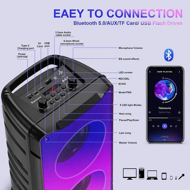 Alt view image 5 of 7 - Bluetooth Speakers, 60W(80W Peak) Portable Loud Wireless Stereo Speaker with Rich Bass, Bluetooth 5.0, FM Radio, Colorful Light, TWS Pairing, EQ, 10000mAh Battery, Outdoor Speaker for Home Party Gift