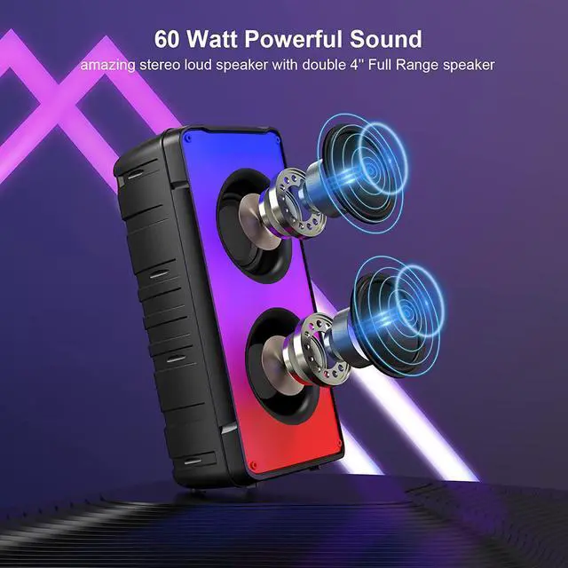 Alt view image 2 of 7 - Bluetooth Speakers, 60W(80W Peak) Portable Loud Wireless Stereo Speaker with Rich Bass, Bluetooth 5.0, FM Radio, Colorful Light, TWS Pairing, EQ, 10000mAh Battery, Outdoor Speaker for Home Party Gift