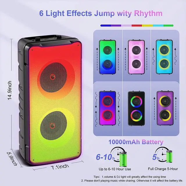 Alt view image 3 of 7 - Bluetooth Speakers, 60W(80W Peak) Portable Loud Wireless Stereo Speaker with Rich Bass, Bluetooth 5.0, FM Radio, Colorful Light, TWS Pairing, EQ, 10000mAh Battery, Outdoor Speaker for Home Party Gift