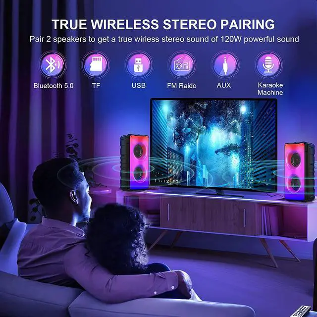 Alt view image 4 of 7 - Bluetooth Speakers, 60W(80W Peak) Portable Loud Wireless Stereo Speaker with Rich Bass, Bluetooth 5.0, FM Radio, Colorful Light, TWS Pairing, EQ, 10000mAh Battery, Outdoor Speaker for Home Party Gift