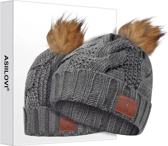 Main image of Bluetooth Beanie, Double-Layer Wool Lining Bluetooth Hat Beanie with Pom Pom for Women/Teen Girls/Family, 20hrs Playing, Gift Packaging for Christmas Stocking Stuffers Thanksgiving (03-Gray)