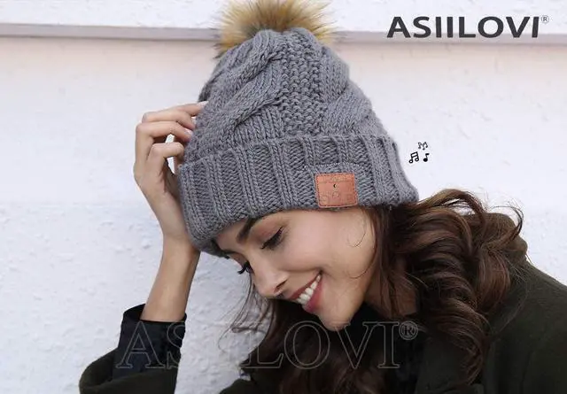 Alt view image 2 of 7 - Bluetooth Beanie, Double-Layer Wool Lining Bluetooth Hat Beanie with Pom Pom for Women/Teen Girls/Family, 20hrs Playing, Gift Packaging for Christmas Stocking Stuffers Thanksgiving (03-Gray)