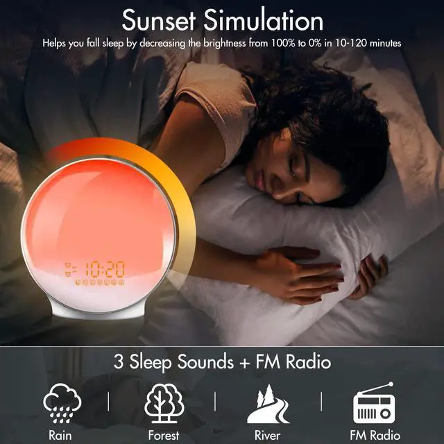 Alt view image 5 of 7 - Sunrise Alarm Clock, KEPLUG Wake Up Light Dual Alarm Clock with FM Radio, Snooze, Sunrise Sunset Simulation for Bedroom, 7 Color Night Light, 7 Nature Sound, Sleep Aid for Heavy Sleepers Adults Kids