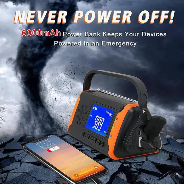 Alt view image 3 of 7 - Emergency Weather Crank Radio 6000mAh - Solar Powered, Hand Crank,AM/FM/NOAAEmergency Weather Alert Radio,Phone Charger,SOS Alarm,LED Flashlight,Aux Music Player for Hurricanes,Tornadoes