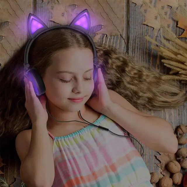 Alt view image 4 of 6 - Olyre Kids Headphones with Light up cat Ears On Ear LED Kitty Headphones with Mic for Kids Boys Girls Children Wired Headset for School Learning Tablet (Purple)