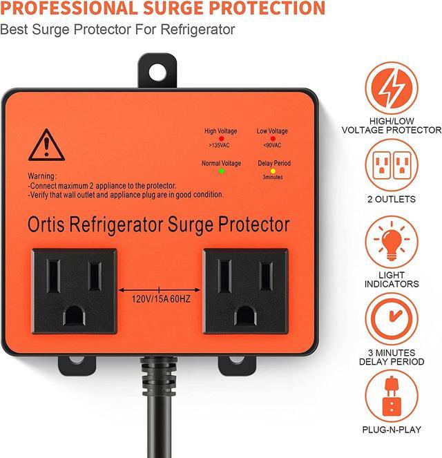 Refrigerator Surge Protector, Ortis Double Outlet Voltage Protector for  Home Appliances with Time Delay, Protects Against Brownout, Spike, Instant  Surge All Voltage Abnormalities, black 