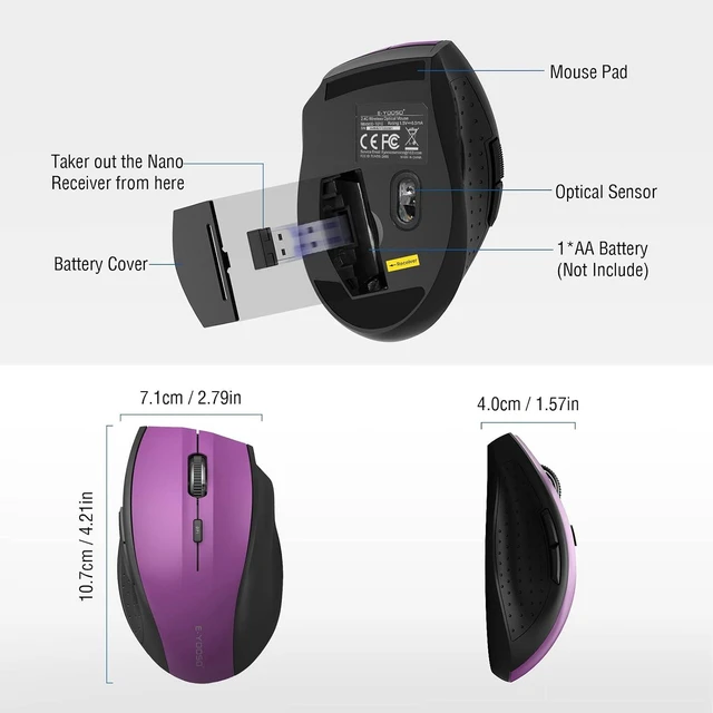 Alt view image 6 of 7 - E-YOOSO Wireless Mouse for Laptop, Portable Optical Computer Mouse, 6 Buttons, Cordless 2.4GHz with USB Receiver, 5-Level 4800 DPI, 18 Months Battery Life, for PC, Chromebook, Windows, Mac(Purple)