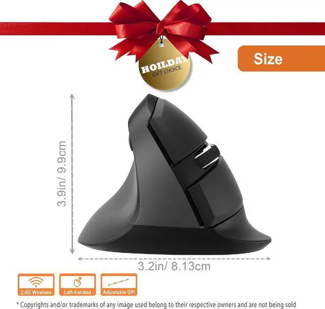 Alt view image 2 of 7 - J-Tech Digital Ergonomic Left Hand Mouse with Wireless Connection, AA Battery, 2.4GHz Nano Transceiver, 800, 1200, 1600, 2400 Adjustable DPI; Compatible with Windows and MAC OS [V628ML]