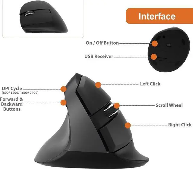 Alt view image 3 of 7 - J-Tech Digital Ergonomic Left Hand Mouse with Wireless Connection, AA Battery, 2.4GHz Nano Transceiver, 800, 1200, 1600, 2400 Adjustable DPI; Compatible with Windows and MAC OS [V628ML]