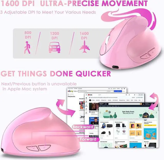 Alt view image 5 of 6 - Ergonomic Mouse,Rechargeable Small Vertical Mouse with 6 Buttons Adjustable 800/1200/1600 DPI Pink Wireless Mouse for Laptop Desktop PC Mac