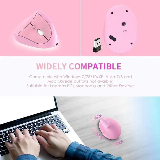 Alt view image 6 of 6 - Ergonomic Mouse,Rechargeable Small Vertical Mouse with 6 Buttons Adjustable 800/1200/1600 DPI Pink Wireless Mouse for Laptop Desktop PC Mac