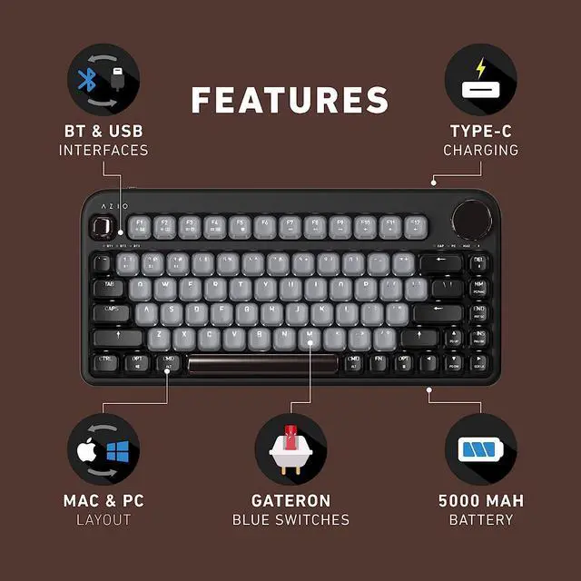Alt view image 9 of 11 - Azio IK404 IZO Wireless BT5/USB PC & Mac Mechanical Keyboard, Pre-Lubed Red Switches, Black Willow