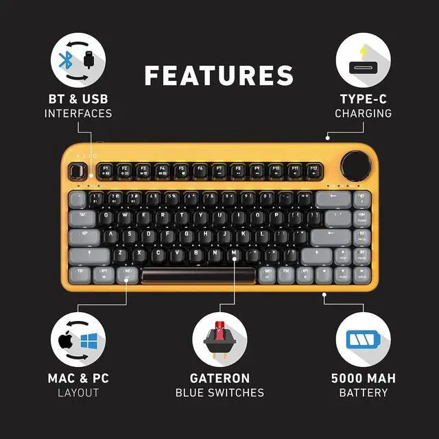 Alt view image 5 of 6 - Azio IZO Wireless BT5/USB PC & Mac Mechanical Keyboard, Pre-Lubed Red Switches, Golden Iris (IK412)