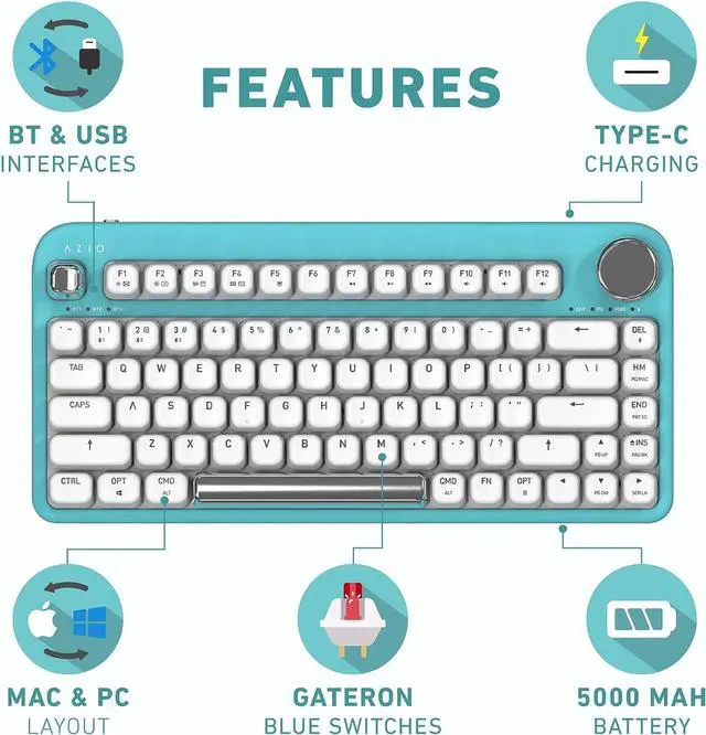 Alt view image 9 of 12 - Azio IK409 IZO Wireless BT5/USB PC & Mac Mechanical Keyboard, Pre-Lubed Red Switches, Mint Daisy