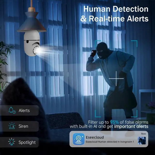 Alt view image 6 of 6 - Security Camera 2K Light Bulb Security Cameras Wireless Outdoor 2pcs- 2.4/5G Hz WiFi 360° Motion Detection Cameras for Home Security Outside Indoor,Full-Color Night Vision,Siren Alarm,Indoor Camera