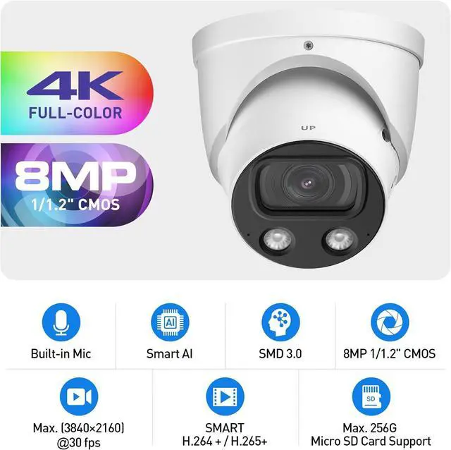 Alt view image 3 of 7 - EmpireTech IPC-Color4K-T 4K Full-Color Ultra Low Light 8MP 1/1.2" CMOS Smart AI Starlight Turret IP Camera,Build-in Warm LED, Built-in Mic,SMD 3.0,PoE and ePoE,IPC-Color4K-T 3.6mm White