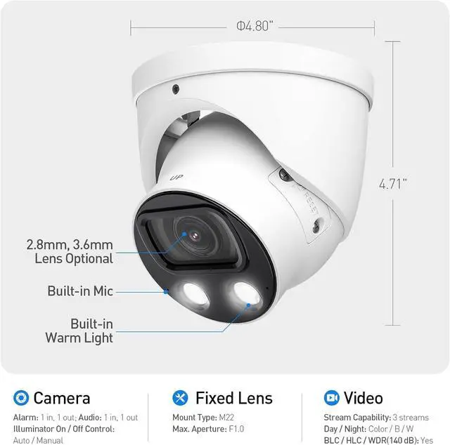 Alt view image 4 of 7 - EmpireTech IPC-Color4K-T 4K Full-Color Ultra Low Light 8MP 1/1.2" CMOS Smart AI Starlight Turret IP Camera,Build-in Warm LED, Built-in Mic,SMD 3.0,PoE and ePoE,IPC-Color4K-T 3.6mm White