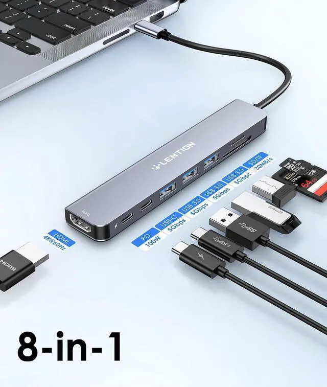 Alt view image 2 of 7 - LENTION 8-in-1 USB-C Hub with 4K 60Hz HDMI, 100W Power Delivery, 5Gbps USB C Data, 3 USB 3.0 and microSD & SD Card Reader for 2023-2016 MacBook Pro, New Mac Air/Surface, More (CB-CE18s, Space Gray)