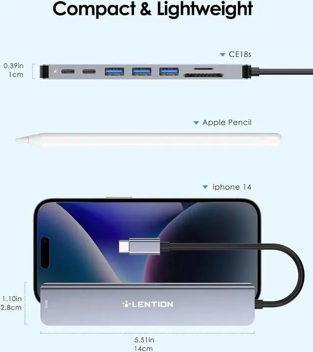 Alt view image 6 of 7 - LENTION 8-in-1 USB-C Hub with 4K 60Hz HDMI, 100W Power Delivery, 5Gbps USB C Data, 3 USB 3.0 and microSD & SD Card Reader for 2023-2016 MacBook Pro, New Mac Air/Surface, More (CB-CE18s, Space Gray)